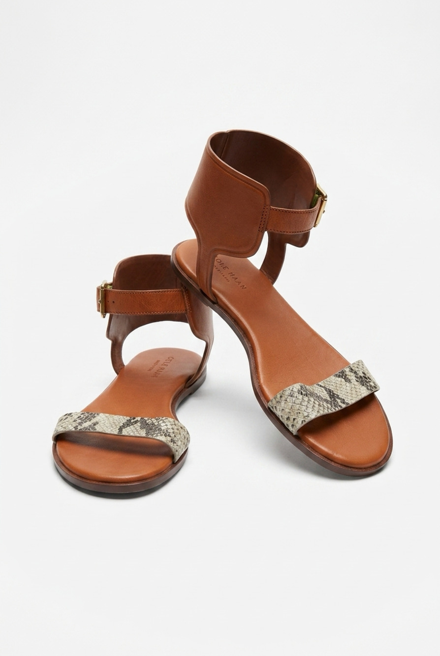 Cole Haan Barra Cognac Brown Leather & Snakeskin Ankle Strap Flat Sandals
